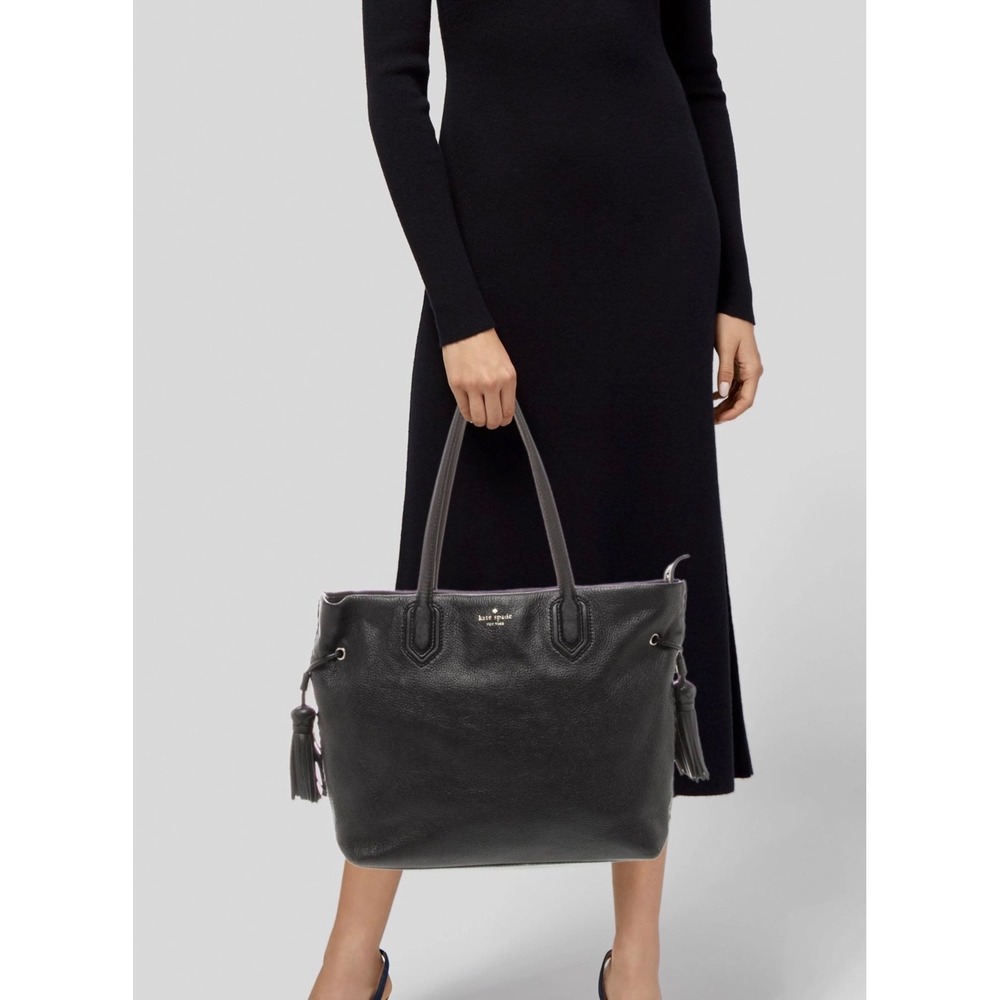 Kate Spade Pratt Street Brandice Large Black Leather Tassel Whipstitch Tote